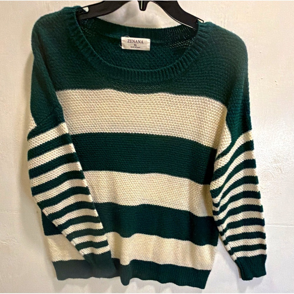 Zenana Women's Crewneck Striped Knit Acrylic Pullover Sweater Green Ivory XL